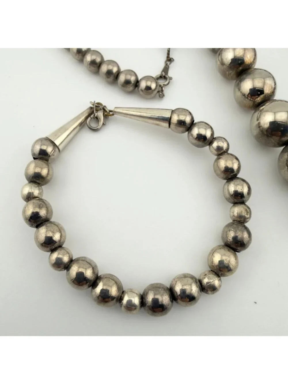 Vintage Silver Tone Ball Beaded Tapered Necklace Bracelet Set Graduated